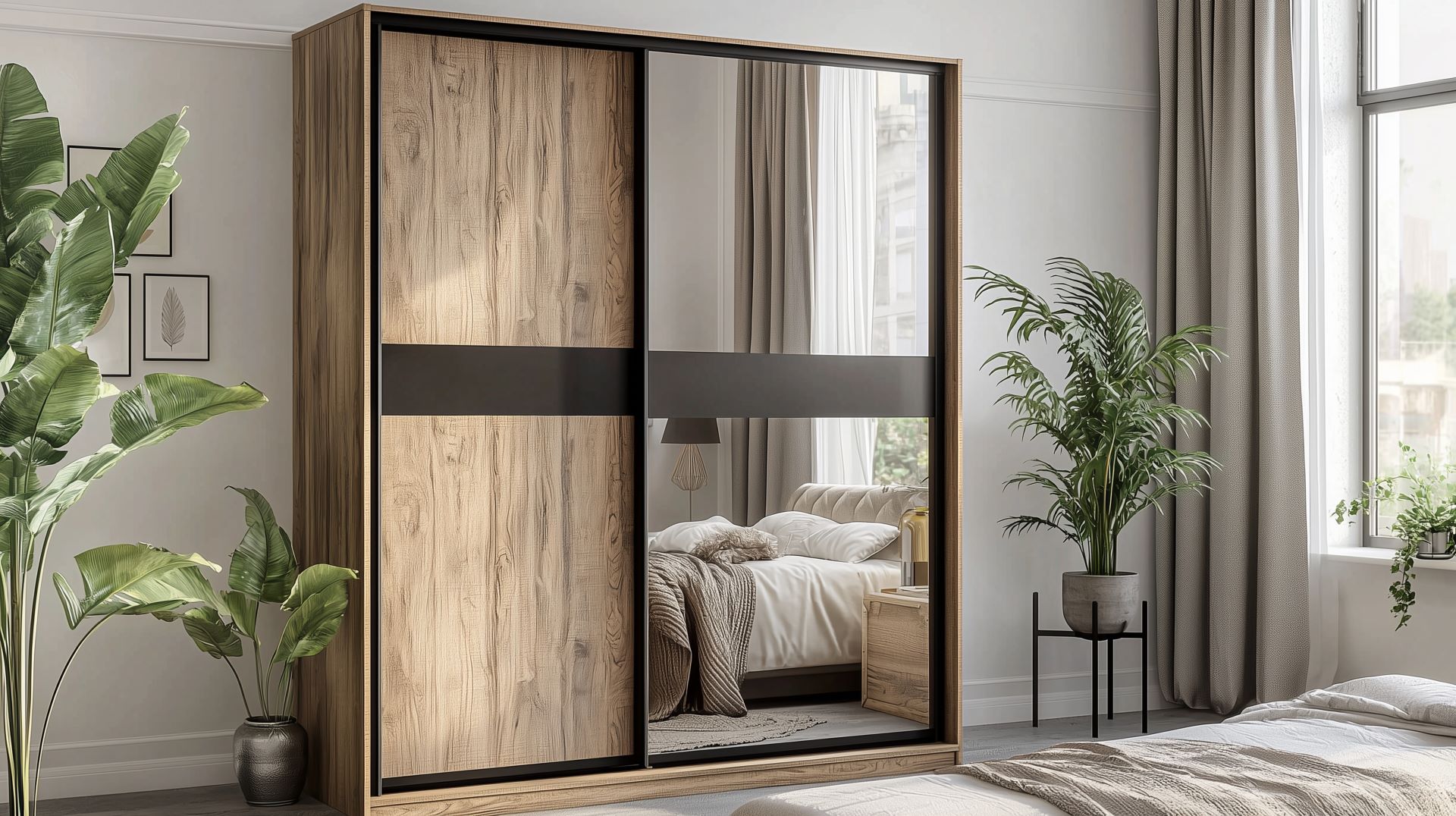 Schwebetürenschrank mit Spiegel- und Holzfronten in einem hellen Schlafzimmer mit Pflanzen und natürlichen Materialien