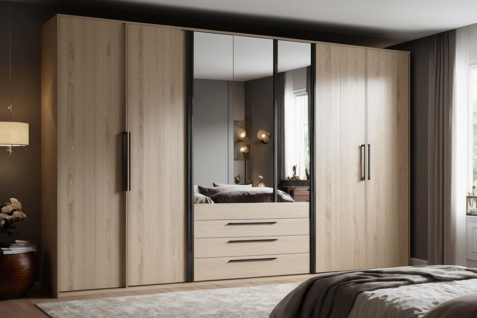 Moderner Kleiderschrank mit Spiegel und Drehtüren in heller Holzoptik in einem gemütlich eingerichteten Schlafzimmer.