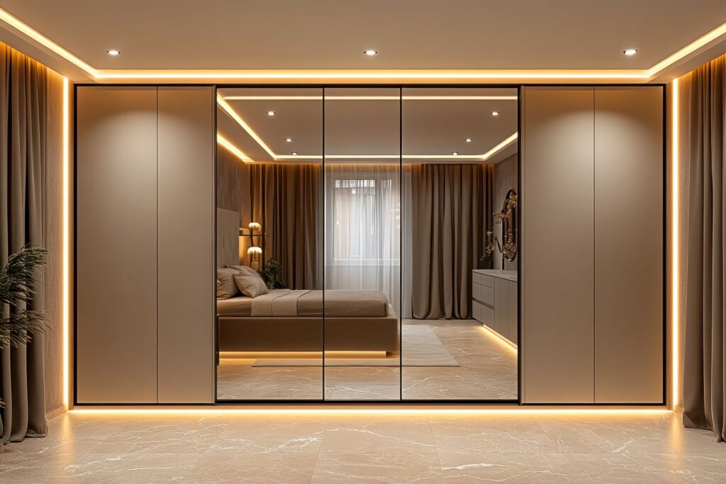 Großer Kleiderschrank mit Spiegeltüren und LED-Beleuchtung in einem eleganten, zeitgenössischen Schlafzimmer