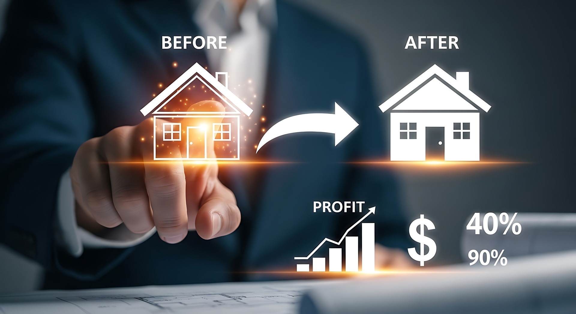 Vorher-nachher-Grafik einer Immobilie mit Profitanzeige | Immobilienmakler Neustadt in Holstein